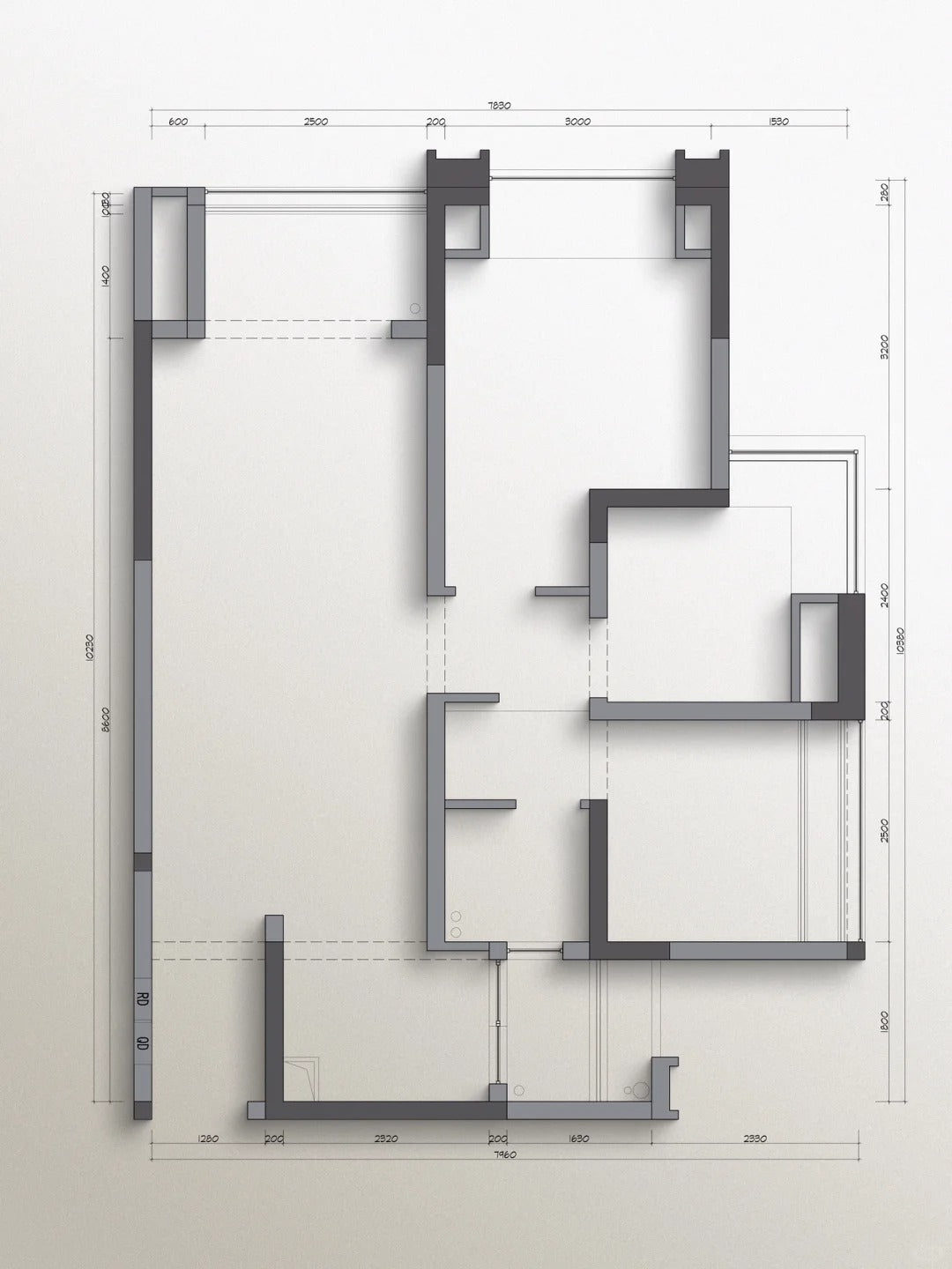 The original floor plan showing cramped, irregular rooms and a long corridor.