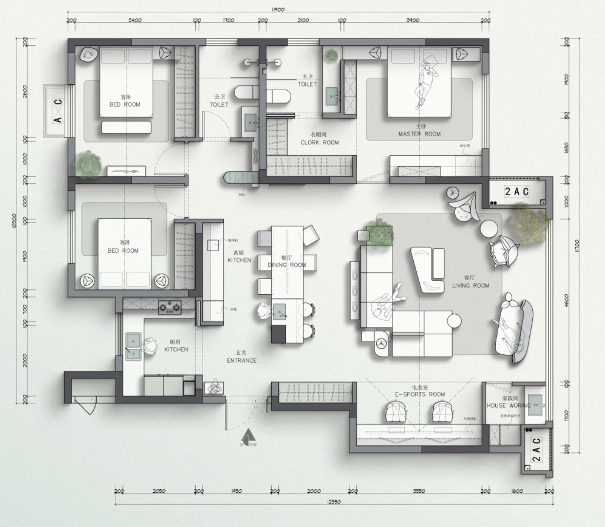 A bright and airy open-plan living room and kitchen.