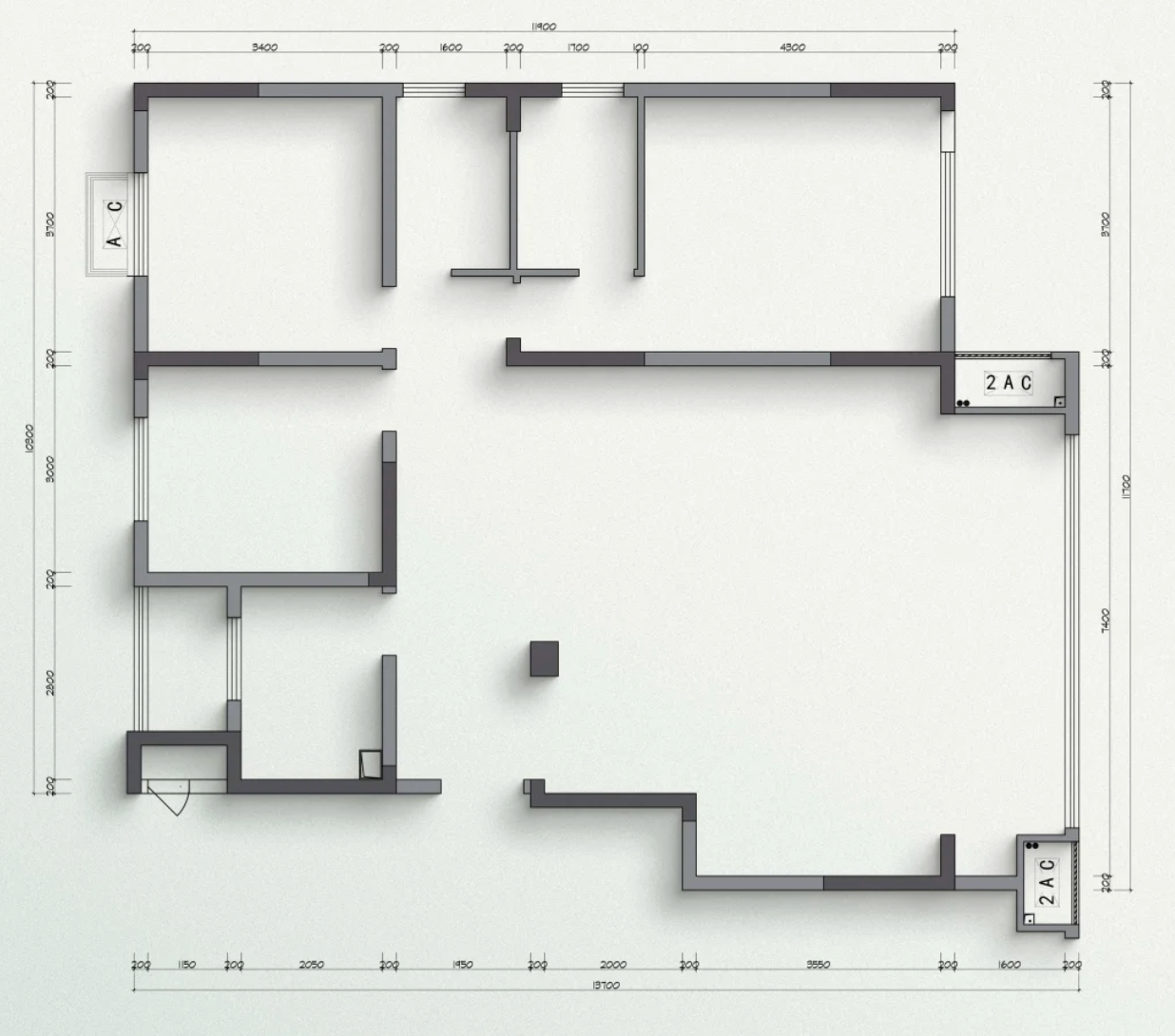 The original, uninspired three-bedroom floor plan.