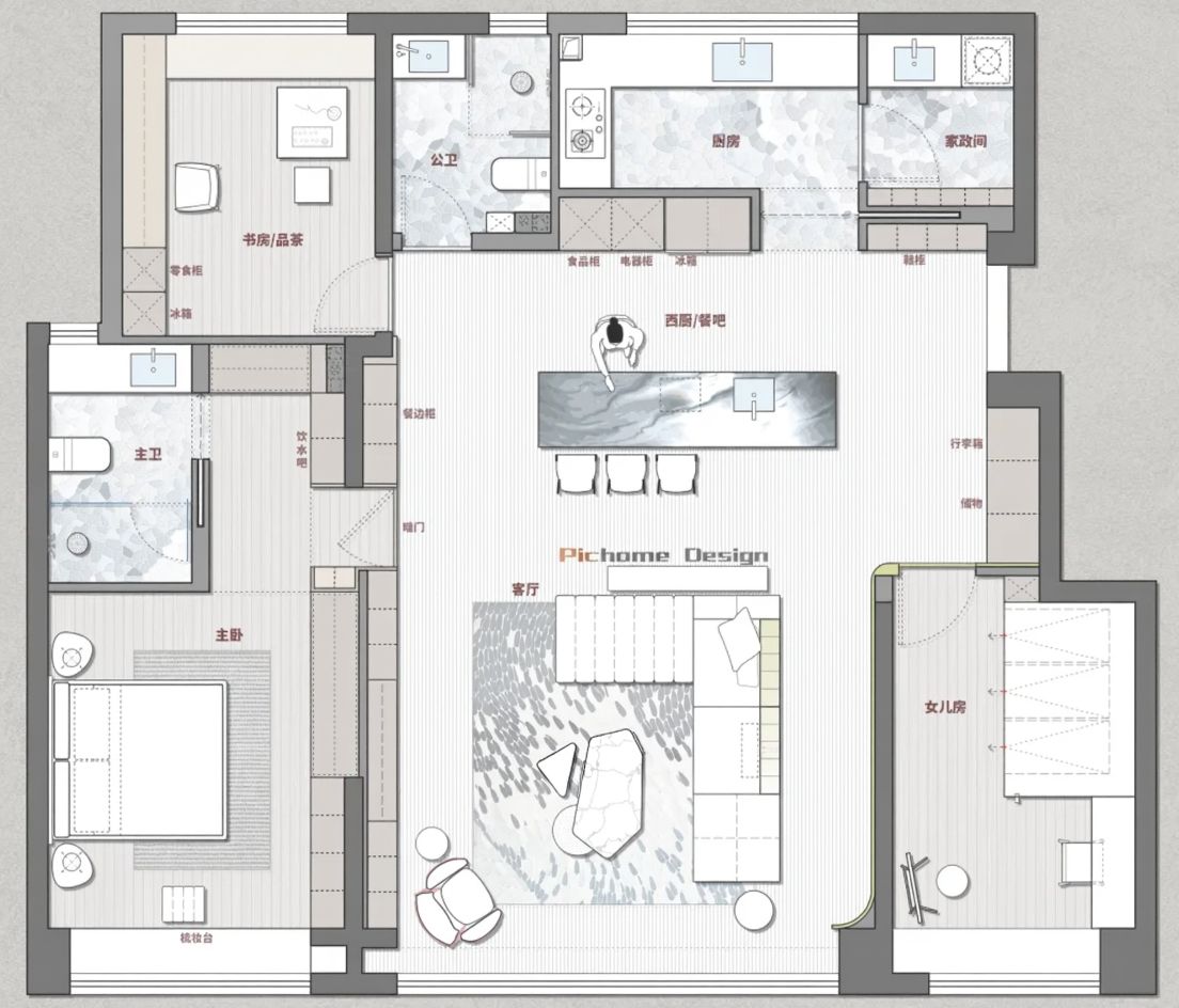 A well-lit, dedicated home office with glass doors, separate from the main living area.