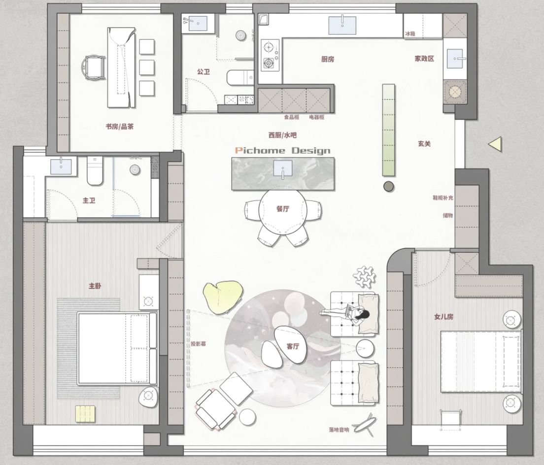 Floor plan for the Integrated Studio, with a large, open workspace connected to the living area.