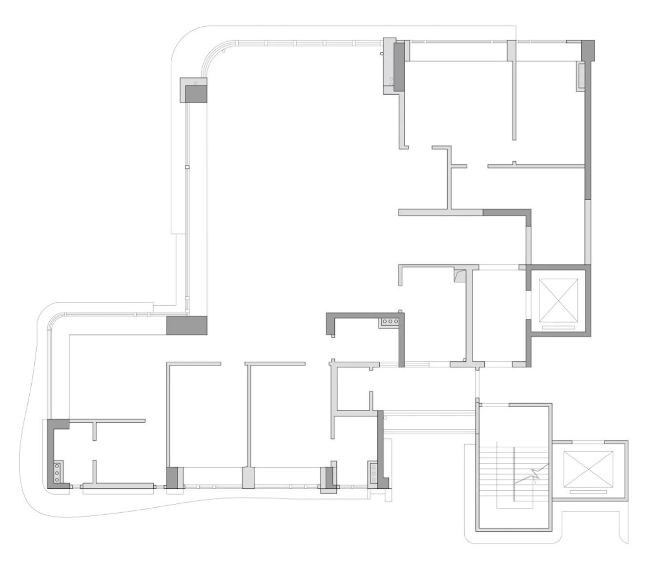 The original floor plan showing a long, dark central corridor and separated rooms.
