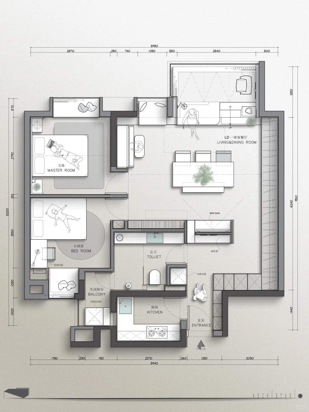 A grand, open-plan living space that combines kitchen, dining, and lounge areas in a luxury apartment.